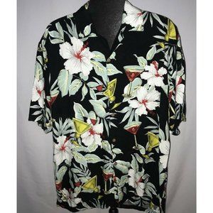 Thumbs Up For Him Button Front Hawaiian Shirt Men Size XL Black Hibiscus Martini